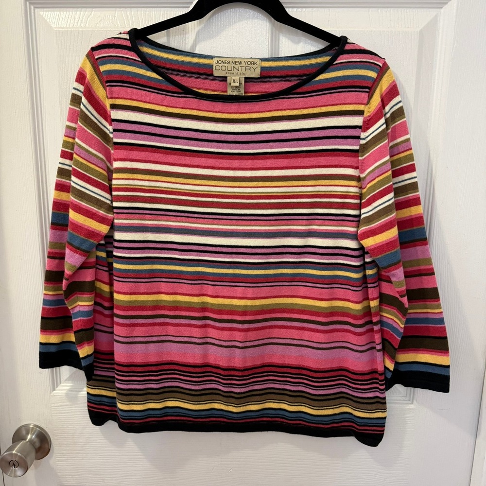 Jones New York Country Womens XL Rainbow Striped Cotton Knit Sweater 3/4 Sleeve
